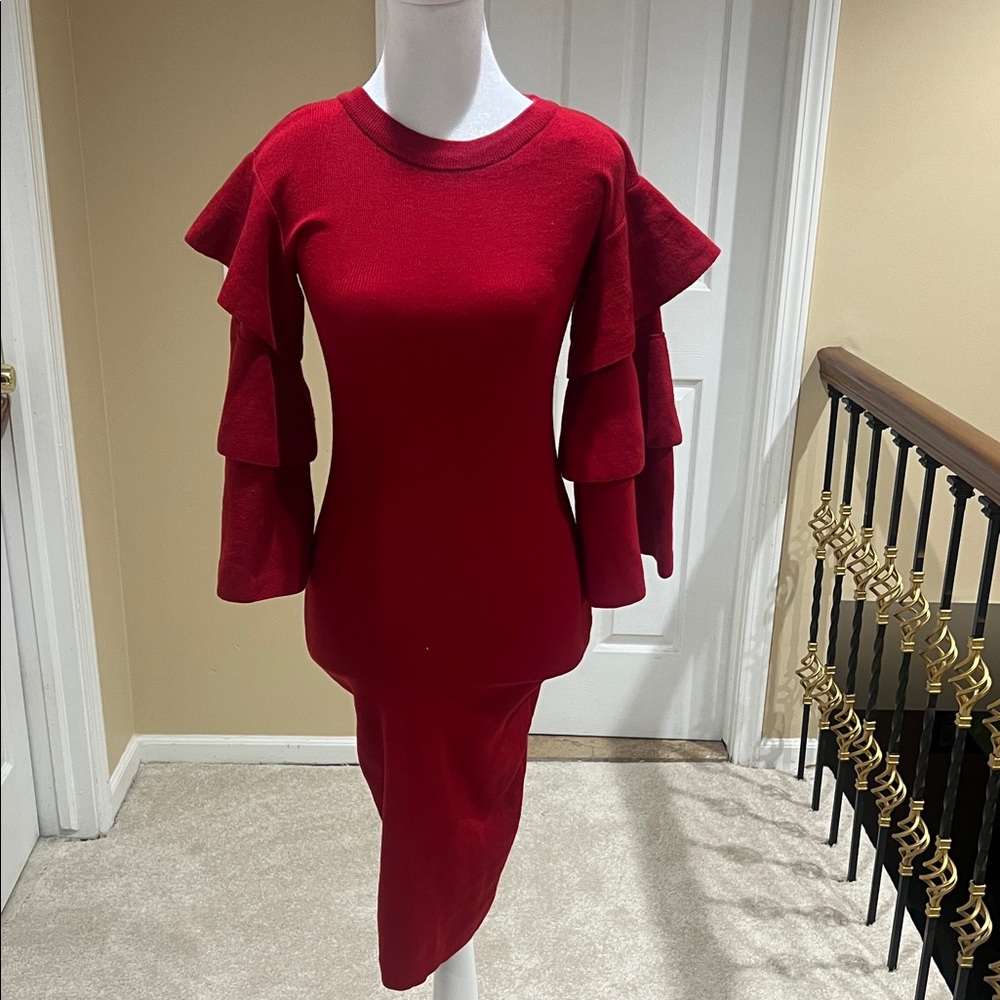 Chic Long Sleeve Red Dress with Ruffle Detail